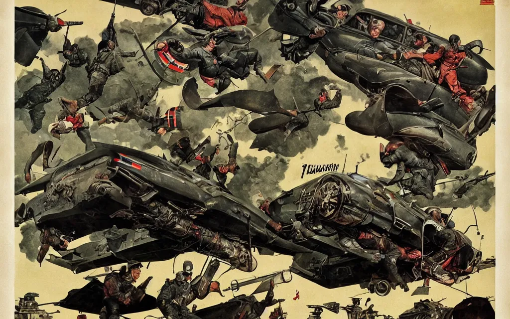 Prompt: batmobile in the style of norman rockwell, world war 2, wwii, propaganda poster, sci - fi illustrations, highly detailed, award - winning, patriotic, soviet, ussr, dark, gritty, ink