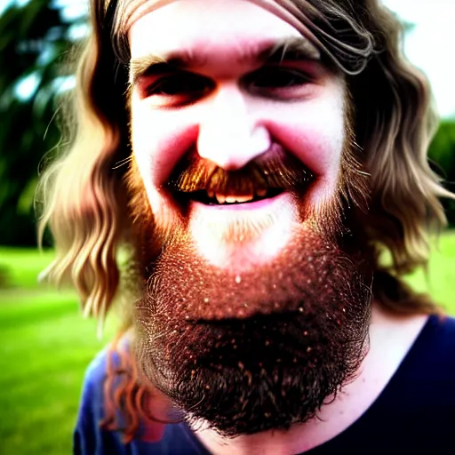 Image similar to bearded long - haired bo burnham outside of his house, smiling and dancing