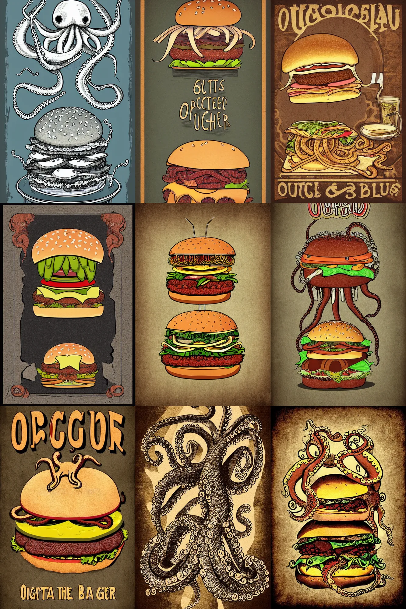Prompt: digital illustration poster, octopus eating a giant burger, antique style, symmetrical, highly detailed
