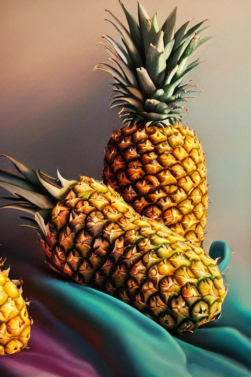 Prompt: A beautiful still life oil painting of pineapples lying on a silk cloth, fog, volumetric lighting, summer, hyperrealistic, colorful, hyperdetailed.