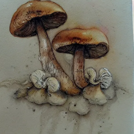 Prompt: jean - baptiste monge water color on white paper watercolor sketch of mushrooms hard edges, pencil lines, drips, runs, spatter