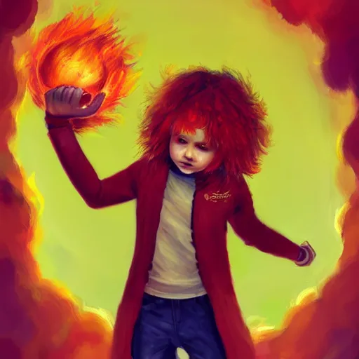 Image similar to colorful and festive captivating young child boy, brown long fluffy hair, wearing red and yellow hero suit, shooting a fire sphere out of his fist. full body, rich vivid colors, ambient lighting, dynamic lighting, 4 k, atmospheric lighting, painted, intricate, highly detailed by charlie bowater