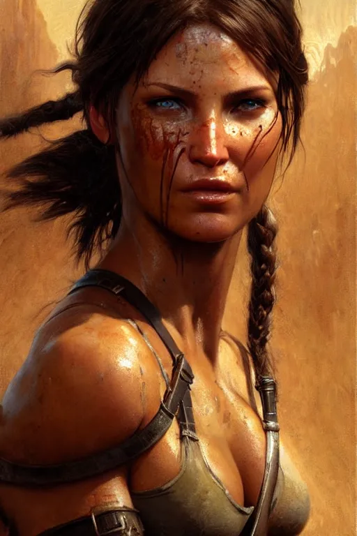 Prompt: focus muscular sweat lara croft, covers with mud exhausted face close up, highly detailed painting by gaston bussiere, craig mullins, j. c. leyendecker 8 k