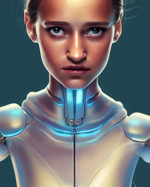 Image similar to weta disney pixar movie still head and torso portrait photo of young alicia vikander as thoughtful white plastic cyborg girl by pixar, by weta, wlop, ilya kuvshinov, rossdraws, artgerm, latex, iridescent, bright morning, anime, liosh, mucha