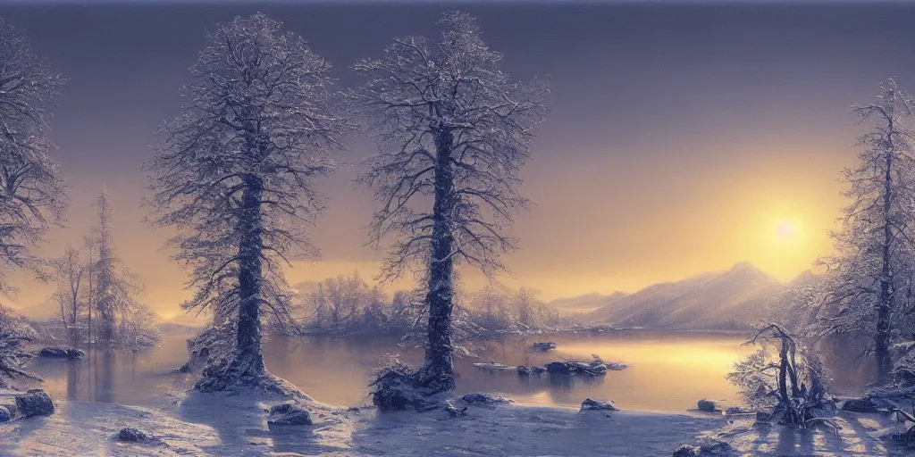 Prompt: a beautiful lake landscape in winter, by Ernest deutsch + Ted Nasmith, cinematic lighting, masterpiece, highly detailed, 8k resolution, trending on art station