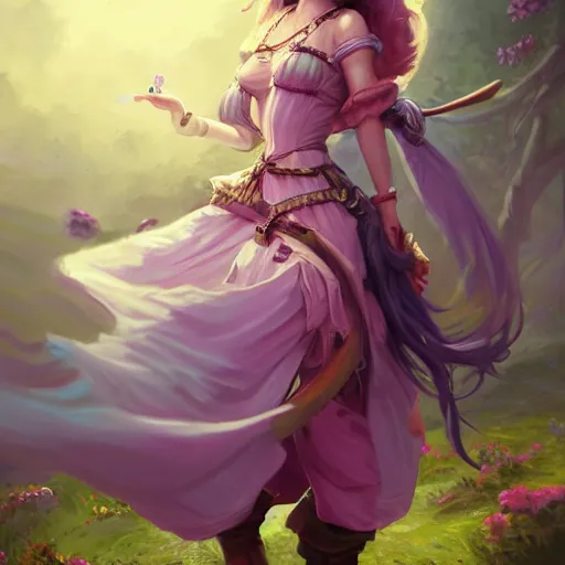 Prompt: portrait painting of a 3 2 years old woman joyful flirtatious pirate long hair soft hair flowing hair upper body coat elegant charming pretty ons pirate ship unreal render cinematic lighting art 1 9 2 0 period drama by bussiere rutkowski andreas rocha, colors pink purple green blue
