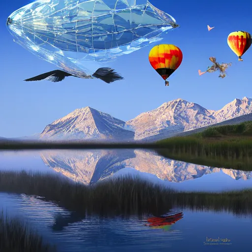 Image similar to realistic extremely detailed photo of a hot air balloon flying above a beautiful reflective mountain lake, two black swans swimming in the lake, touching heads, forming a heart with their necks, granular detail, oil on canvas, intricate, portrait, 8k highly professionally detailed, HDR, CGsociety, octane render, 4k, f32,55mm photography, wide angle