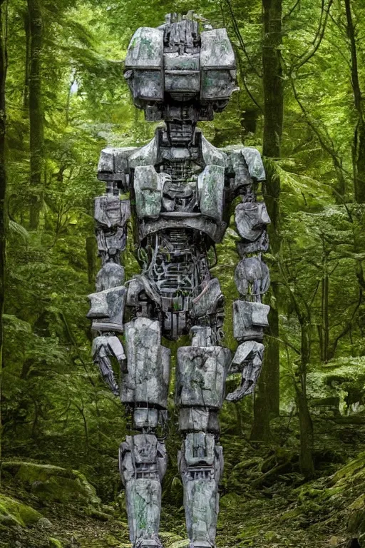 Prompt: A large robot statue made of stone covered in foliage in the middle of a forest by Greg Rutkowski, Sung Choi, Mitchell Mohrhauser, Maciej Kuciara, Johnson Ting, Maxim Verehin, Peter Konig, final fantasy , 8k photorealistic, cinematic lighting, HD, high details, atmospheric,