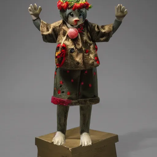 Prompt: Margaret Le Van\'s Alley Cats fashion statuette, wearing festive clothing, full body render, museum quality photo