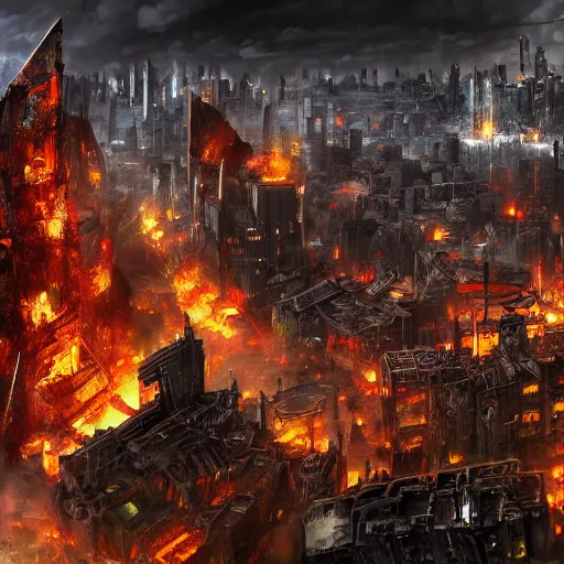 Image similar to anarchy city destroyed, high detail, fantasy art, concept art, 4 k, ultra detail, computer art