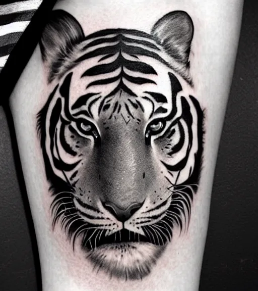 Image similar to tattoo design on white background of a beautiful girl warrior, tiger head above, hyper realistic, realism tattoo, by eliot kohek, beautiful eyes, realistic face, black and white