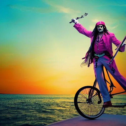 Prompt: a dreamy, colorful pictures of captain jack sparrow riding a unicycle, with a sunset.