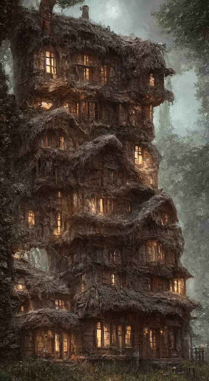 Image similar to house made out of hairy skin with eyeballs for windows, very detailed, in style of johan grenier, greg rutkowski, artstation, 8 k 3 d, unreal engine, highly detailed, very intricate, cinematic lighting