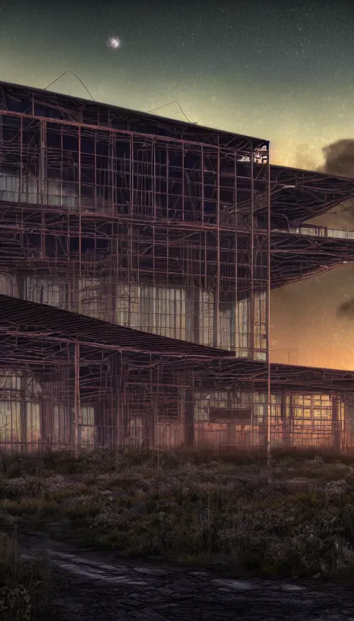 Prompt: a beautiful photorealistic highly detailed abandoned industrial architecture architecture unfinished building nature game room by renzo piano, magic realism wilderness at dawn crystal at dusk at night laser tron nightsky hyperrealism desert reclaimed by nature vaporwave neon noir venus, archdaily, wallpaper, highly detailed, trending on artstation.