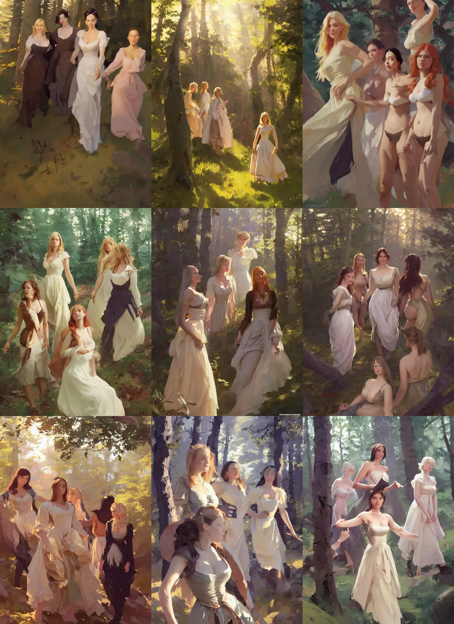 Prompt: group of beautiful finnish norwegian swedish scandinavian attractive glamour models wearing 1 7 th century bodice with low neckline walking in the woods at sunset, jodhpurs greg manchess painting by sargent and leyendecker, studio ghibli fantasy medium shot asymmetrical intricate elegant matte painting illustration hearthstone, by greg rutkowski by greg tocchini by james gilleard