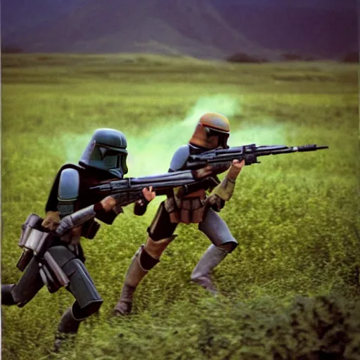 Prompt: star wars mandalorians combat soldiers in vietnam, photo, old picture, lush landscape, field, firearms, explosions, x - wings, aerial combat, active battle zone, fire, battle droids, jedi, land mines, gunfire, violent, star destroyers, star wars lasers, sci - fi, american soldiers, agent orange, bomber planes, trench warfare