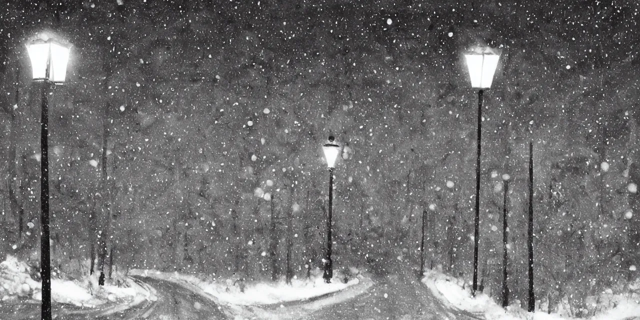 Prompt: laurentian appalachian mountains during winter, original and creative black ink surrealist landscape artwork, snowy night, streetlamps, interesting textures