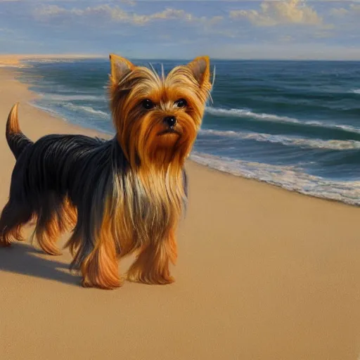 Image similar to ultra realistic portrait painting of a yorkshire terrier on the beach, art by michael sowa, 4 k, ultra realistic, highly detailed, epic lighting