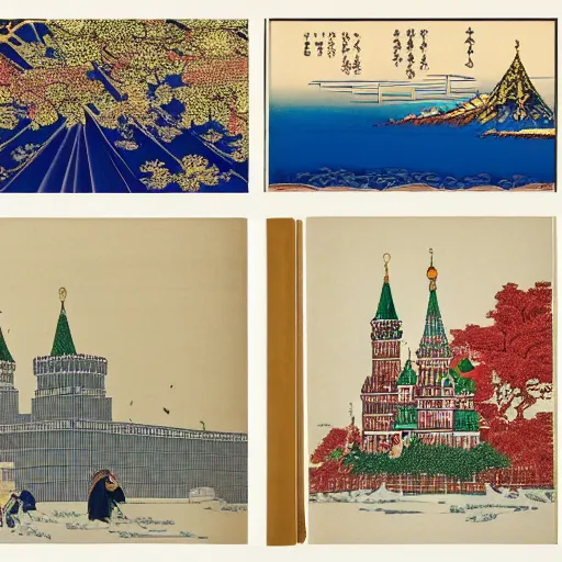 Image similar to moscow kremlin by haruyo morita, highly detailed, artistic masterpiece, by katsushika hokusai, by utagawa hiroshige, by kitagawa utamaro, by ohara koson