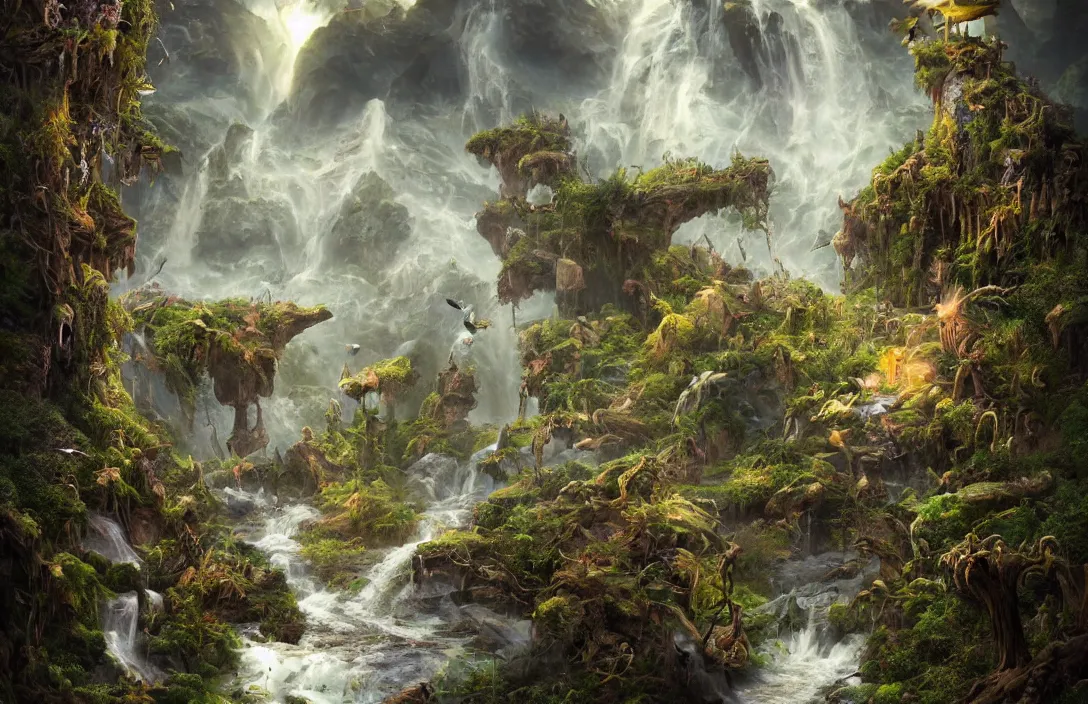 Image similar to a hymn of beautiful mysthic landscape and a huge skull overgrown, in the style of dylan cole, martin dechambault, detailed dreamscape, hyperreal phantastic, intricate details in environment, golden ratio, high aestehtic, waterfalls and lakes, cinematic light dramatic light, lightrays, flying birds in distance, trending on artstation