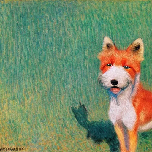 Image similar to an oil painting of a wire - haired fox terrier barking all the time at golden hour painted by monet masterpiece 8 k