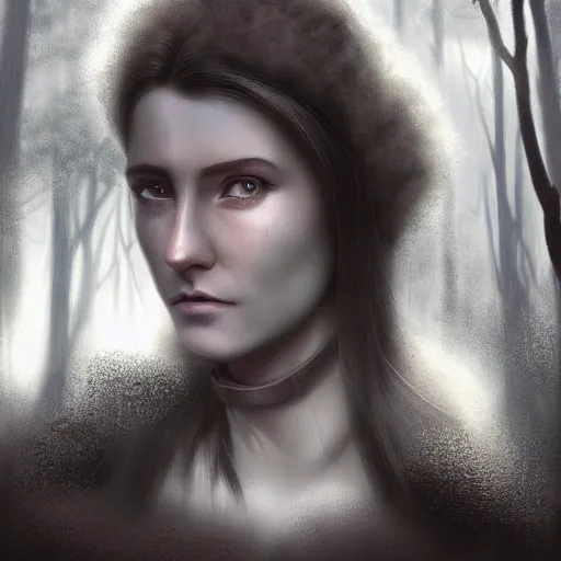 Prompt: head and shoulders portrait of a female knight with a worried expression, scars under her grey eyes. sad and tired eyes, broken neclace. background forest, very dark!, a few thin light rays behind her. high detail, matte painting, artstation top 1 0, photo in the style of angus mcbean.