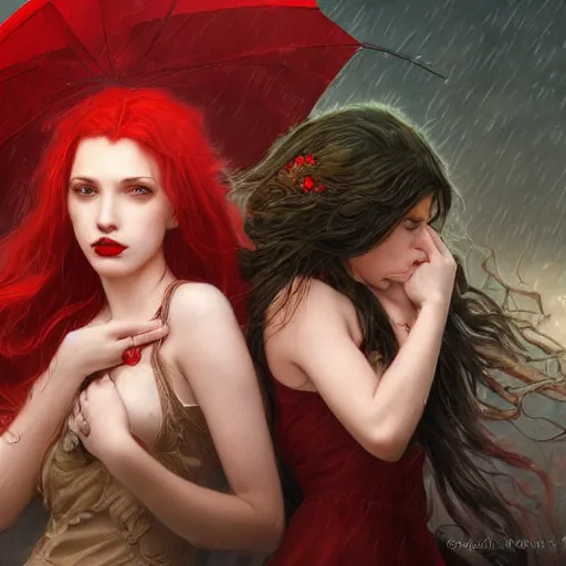 Prompt: a highly detailed portrait of polyamorous red haired vampire queens kissing in the rain wearing a blood red dress, epic fantasy, viewed in profile from far away, ultrawide lens, art by artgerm and greg rutkowski and alphonse mucha, volumetric lighting, 4 k resolution, trending on artstation, masterpiece