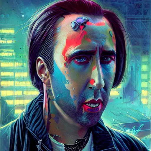 Image similar to beautiful portrait of Nic Cage cyberpunk by Tristan Eaton and Stanley Artgerm and Tom Bagshaw, Greg Rutkowski Carne_Griffiths