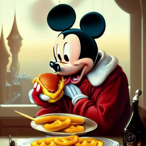 Prompt: portrait of mickey mouse eating hamburgers, extra onions and ketchup, luscious patty with sesame seeds, ethereal, handsome, d & d, fantasy, intricate, elegant, highly detailed, digital painting, artstation, concept art, matte, sharp focus, illustration, art by artgerm and greg rutkowski and alphonse mucha