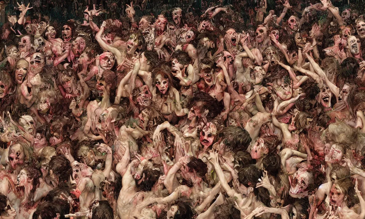 Image similar to a detailed digital art portait of undead nymphs in a mosh pit, art by norman rockwell, pixar style