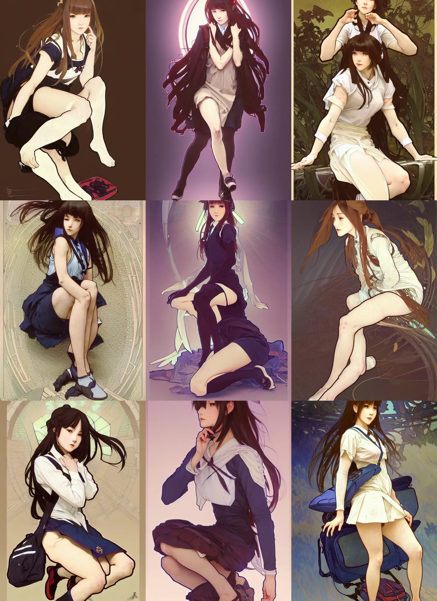 Image similar to a digital concept art by artgerm and greg rutkowski and alphonse mucha. full body!! clear portrait of a squatting attractive japanese school girl in uniform!! sit on floor!! knee length stockings ， school bag, light effect. hyper detailed, character concept, glowing lights!! intricate, elegant, digital painting, artstation, smooth, sharp focus