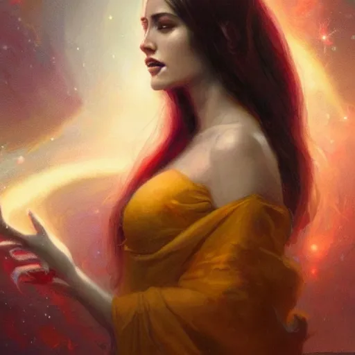 Image similar to a beautiful portrait of a cosmic goddess by Greg Rutkowski and Raymond Swanland, Trending on Artstation, nebula background