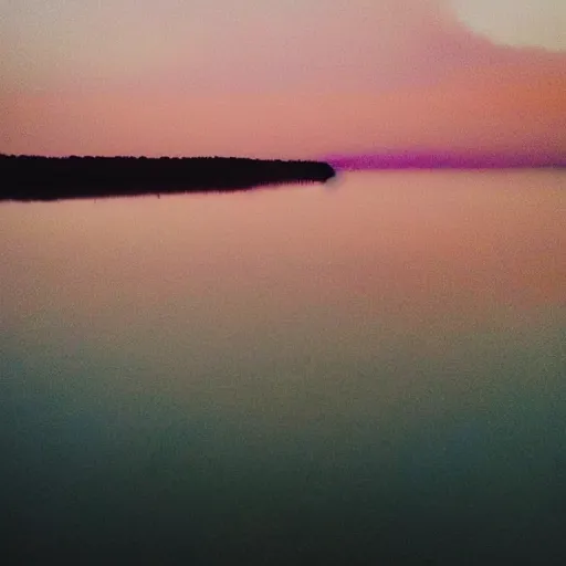Image similar to dreamland surreal infinite rose colored sky with feathery blush colored clouds over a body of calm flat reflective pink water looking out to the horizon