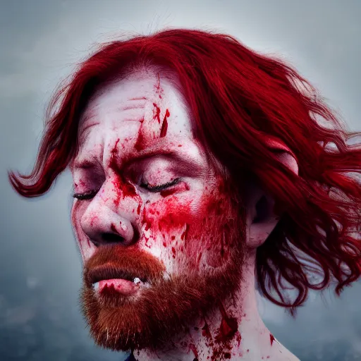 Image similar to Portrait of a crying man with tears of blood with red hair, 50 mm, hyper-realistic, 8K HDR.