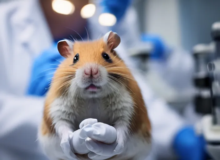 Image similar to film still of a hamster working in a research lab finding the cure for cancer, 8 k