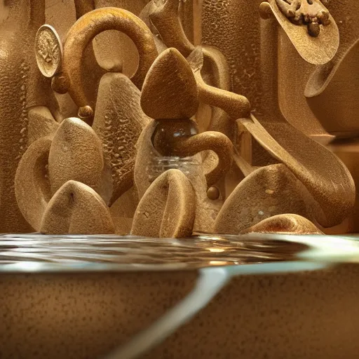 Image similar to a stream of water entering a machine made from organ shaped amphoras and producing a coin in the style of an instructions manual, 8k , octane