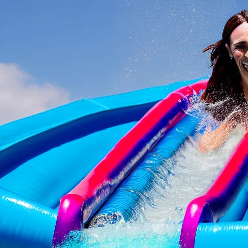 Image similar to 4 k photograph of jacinda ardern riding a waterslide.