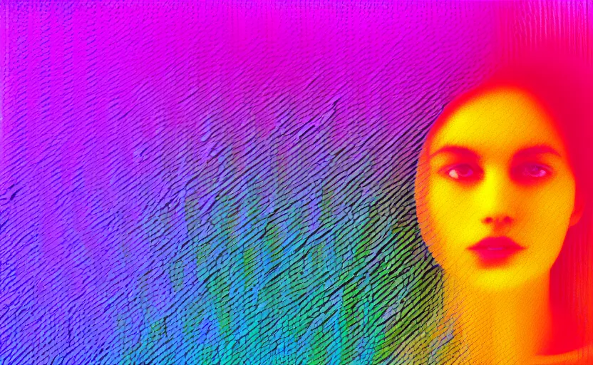 Prompt: vhs glitch art portrat of a woman hidden underneath a sheet, static colorful noise glitch