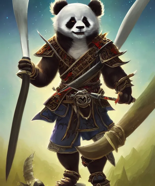 Image similar to a portrait an anthropomorphic panda samurai holding a katana, wearing armor with spiked shoulders, landscape in background, dnd character art portrait, world of warcraft style, by peter mohrbacher, cinematic lighting