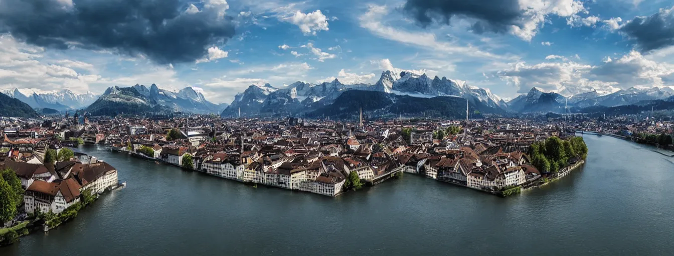 Image similar to Photo of Zurich, looking down the river at the lake and the alps, Hardturm, Grossmünster, wide angle, citypunk, volumetric light, hyperdetailed, mountain water, artstation, cgsociety, 8k