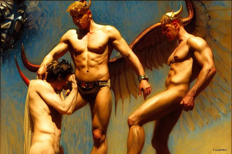 Image similar to demon and angle, painting by gaston bussiere, craig mullins, j. c. leyendecker, tom of finland