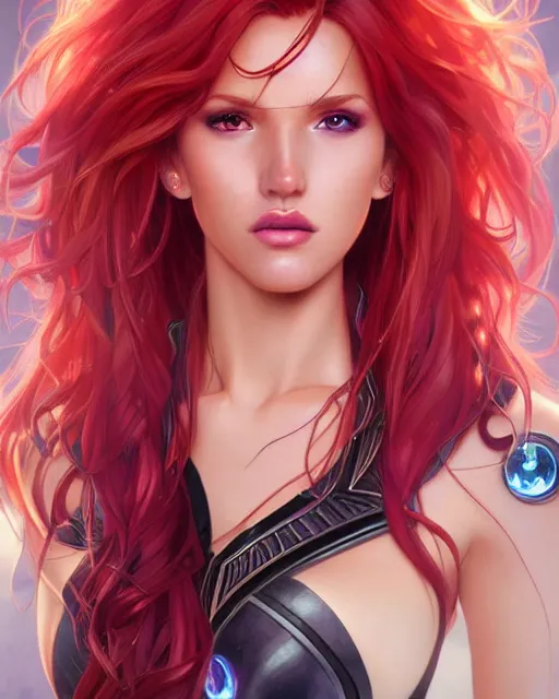 Image similar to ultra realistic illustration, bella thorne as starfire anime, intricate, elegant, highly detailed, digital painting, artstation, concept art, smooth, sharp focus, illustration, art by artgerm and greg rutkowski and alphonse mucha and wlop