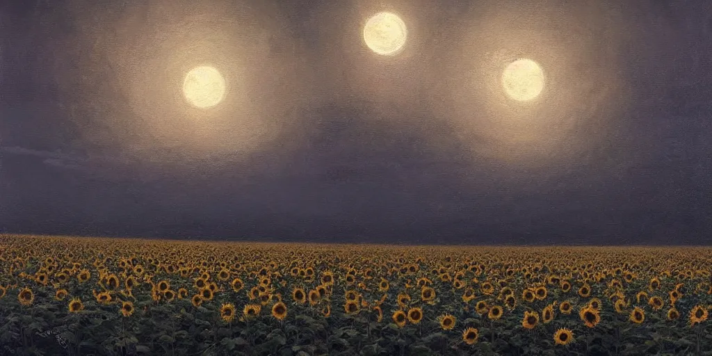 Prompt: A hyper realistic oil painting of a sunflower field at night, gentle light of the moon, high contrast, clouds in the sky, mist in the distance, by Greg Rutkowski, trending on artstation