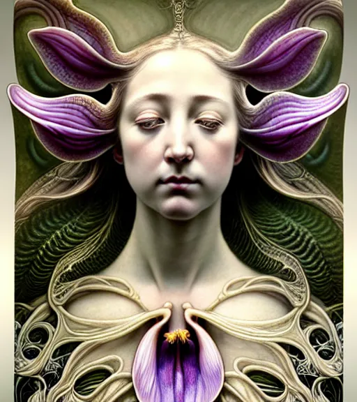 Prompt: beautiful young orchid fairy detailed realistic porcelain face portrait by jean delville, gustave dore, iris van herpen and marco mazzoni, art forms of nature by ernst haeckel, art nouveau, symbolist, visionary, gothic, neo - gothic, pre - raphaelite, fractal lace, intricate alien botanical biodiversity, surreality, hyperdetailed ultrasharp octane render