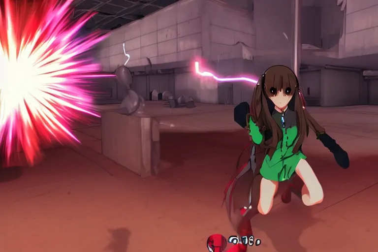 Image similar to an anime girl in a screenshot of the video game doom!!!!!!!, the anime girl is running