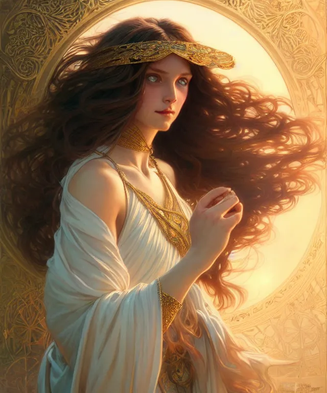 Image similar to young goddess, portrait, blue eyes, beautiful face, long hair, fantasy, ornamental, intricate, elegant, highly detailed, digital painting, artstation, concept art, smooth, sharp focus, illustration, art by artgerm and Greg Rutkowski and Alphonse Mucha