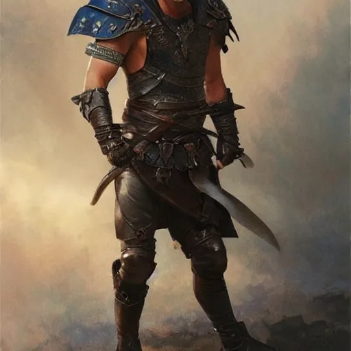 Image similar to young warrior marching toward the viewer, male, muscular, blue eyes!!!!, straight nose!!!, detailed face, exposed thighs!!!, leather, fantasy, medieval, highly detailed, painting by greg rutkowski