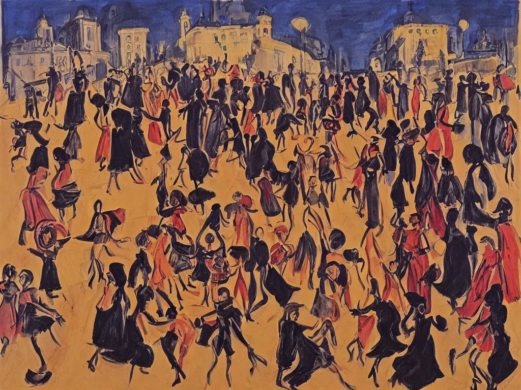 Image similar to woman movement, lisbon city at night, art in the style of paula rego