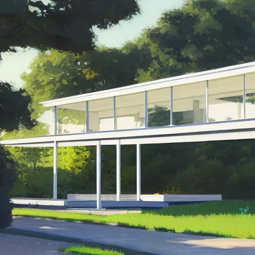 Image similar to farnsworth house painting by atey ghailan