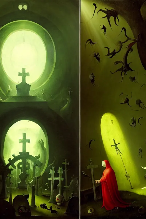 Image similar to hieronymus bosch, greg rutkowski, anna podedworna, painting of a fat white blob person with red hair, god rays, wide shot of a graveyard lit by spooky green lights